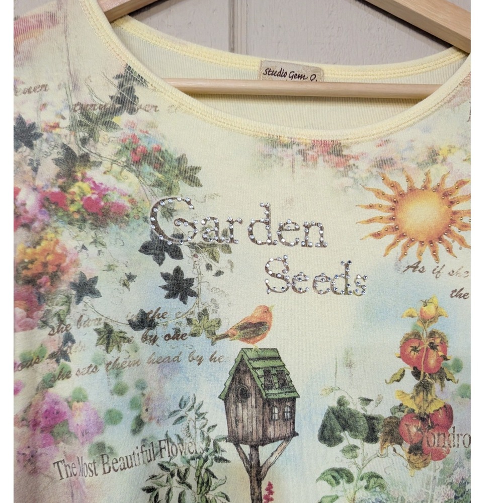 Vintage Y2K Garden Seeds Top Cottagecore Floral Birdhouse Print Fairy XL - Picture 4 of 14
